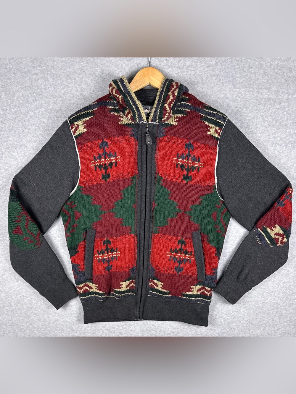 Desigual Hoodie Jacket L Southwestern Aztec Knit Full Zip Wool Blend Boho